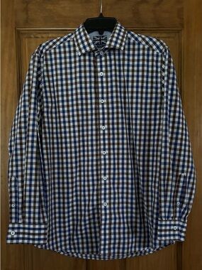 Men's Nick Dunn Dress Shirt - Blue, Brown & White Plaid